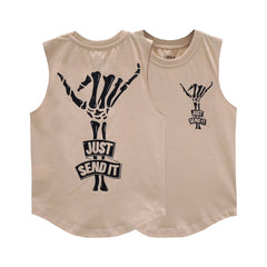 JUST SEND IT MUSCLE TEE SMALL PRINT BEIGE